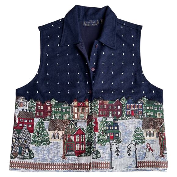 Life Style Wool Blend Holiday Embroidered Tapestry Vest Sz L - Picture 2 of 6